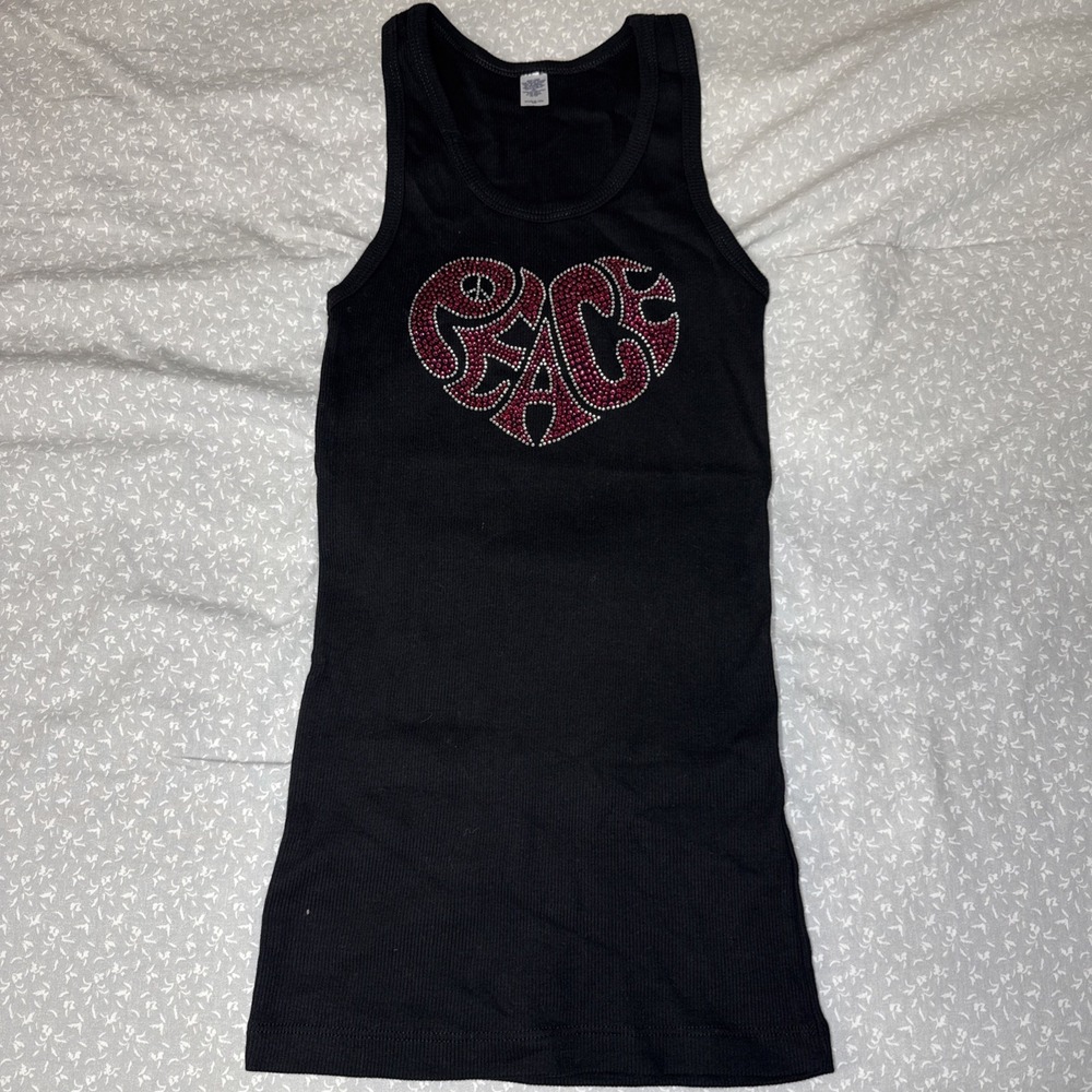Black Ribbed Tank Top Pink Rhinestone Heart Monogram - Size M | - Picture 1 of 6